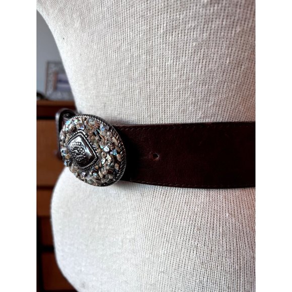 Avignon Designer Brown Leather Belt Silver Belt Buckle Rock Mosaic Design / Cowb - Picture 4 of 9